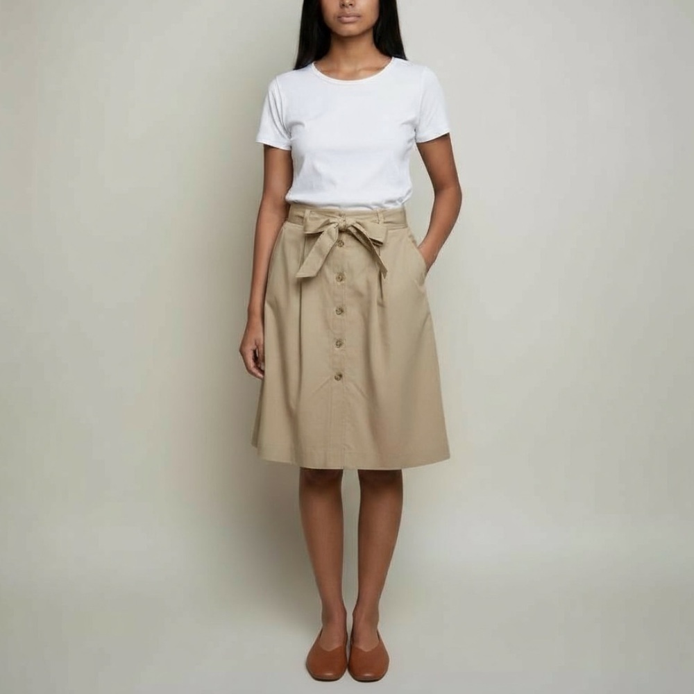 Liz Claiborne Button Down Tan Midi Belted Sz 12 Petite - Picture 10 of 10